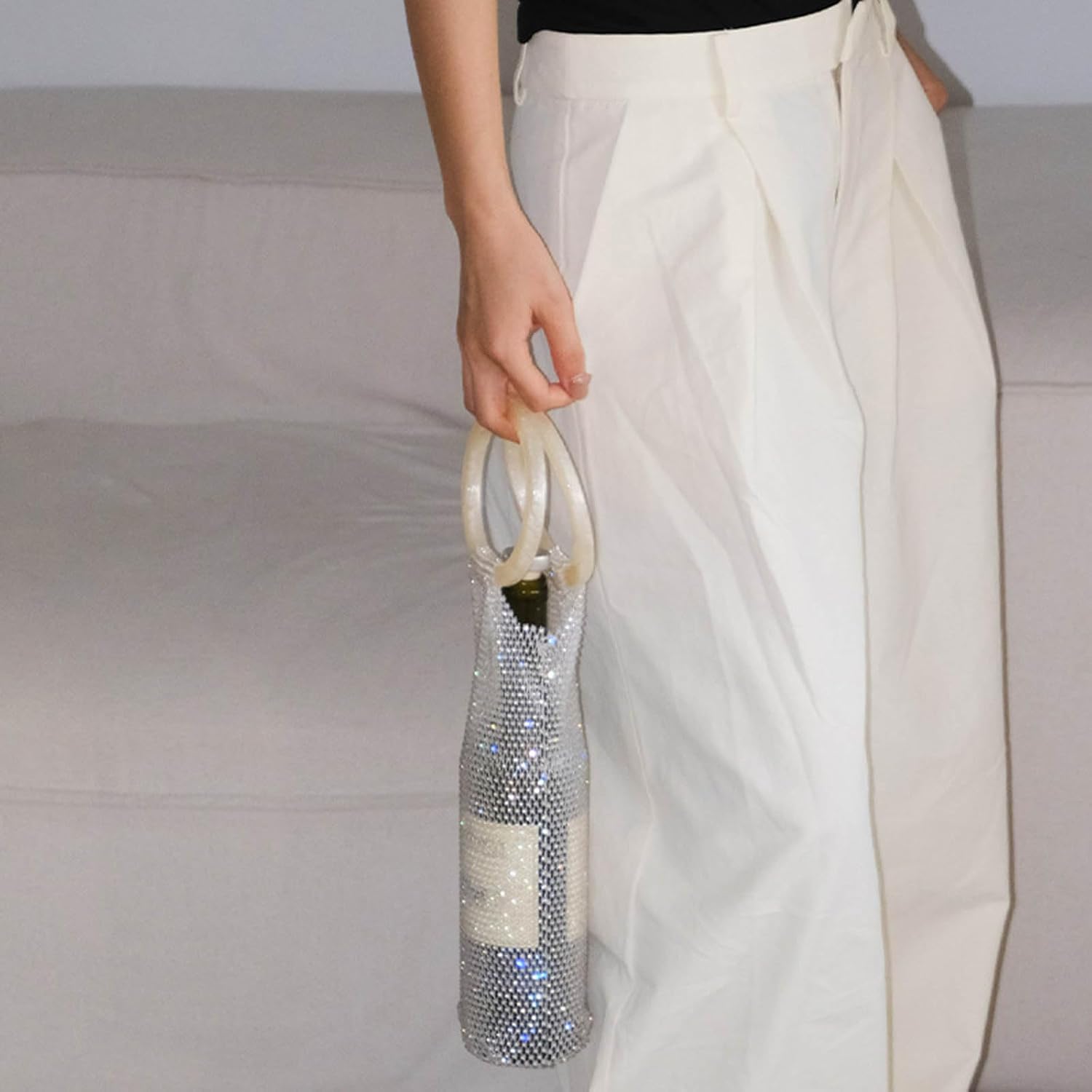 Rhinestone Wine Pouch Mesh Bag with Resin Handle for Party, White