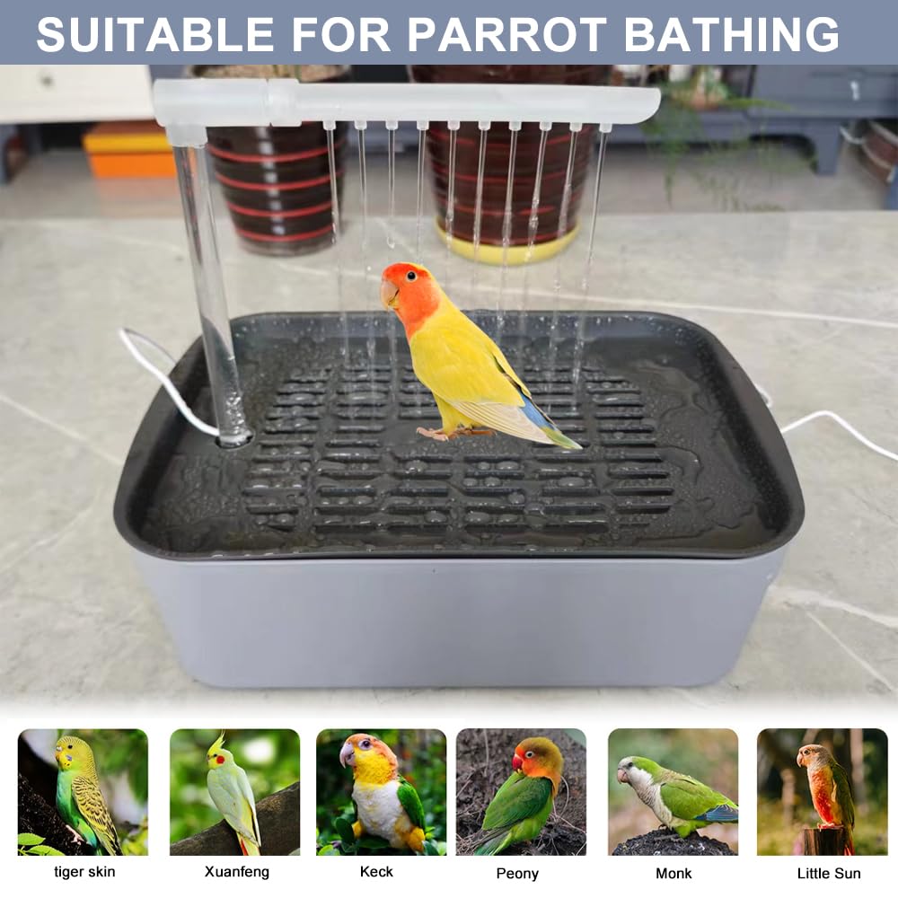 Vogeldusche Wellensittich, Automatische Vogel Dusche mit Pumpe, Vogelbad mit Wasserkreislauf und Mehreren Wasserhähnen, Vogel Badehaus Badewanne für Wellensittiche, Sittiche (Grau)