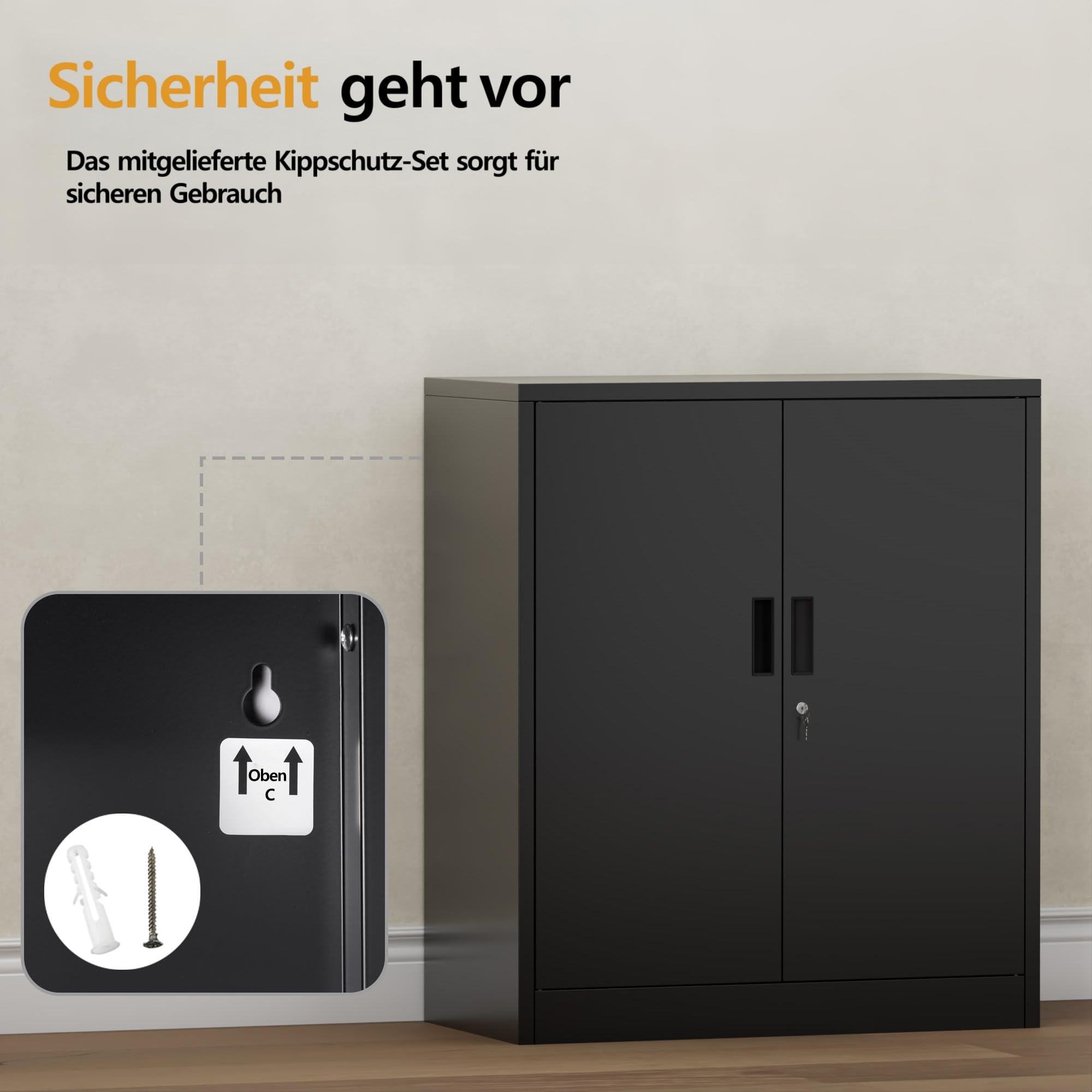 Aktenschrank, Mehrzweckschrank, Büroschrank mit 2 Türen, Schrank abschließbar, Aufbewahrungsschrank Stahl, Schrank abschließbar, 2 höhenverstellbare Einlegeböden für Büro, Garage(Schwarz,90*80*40)