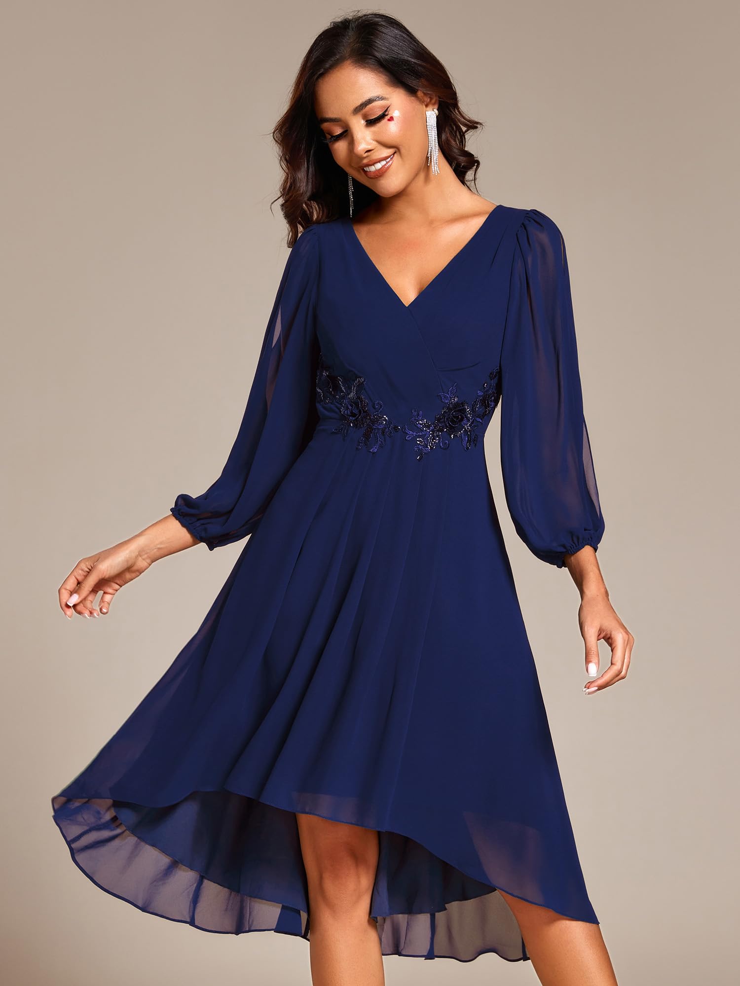 Ever-Pretty Vestito da Cerimonia Eleganti Abiti da Sera a Manica Lunga da Donna Davanti Corti e Posteriori in Chiffon con Applicazioni Lunghe EG02926