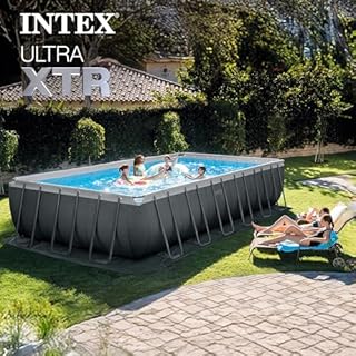 INTEX Ultra XTR 24 ft x 12 ft 52 in Above Ground Pool Set, Rectangular Swimming Pool with Sand Pump, Saltwater System, Maintenance Kit, & Volleyball Game