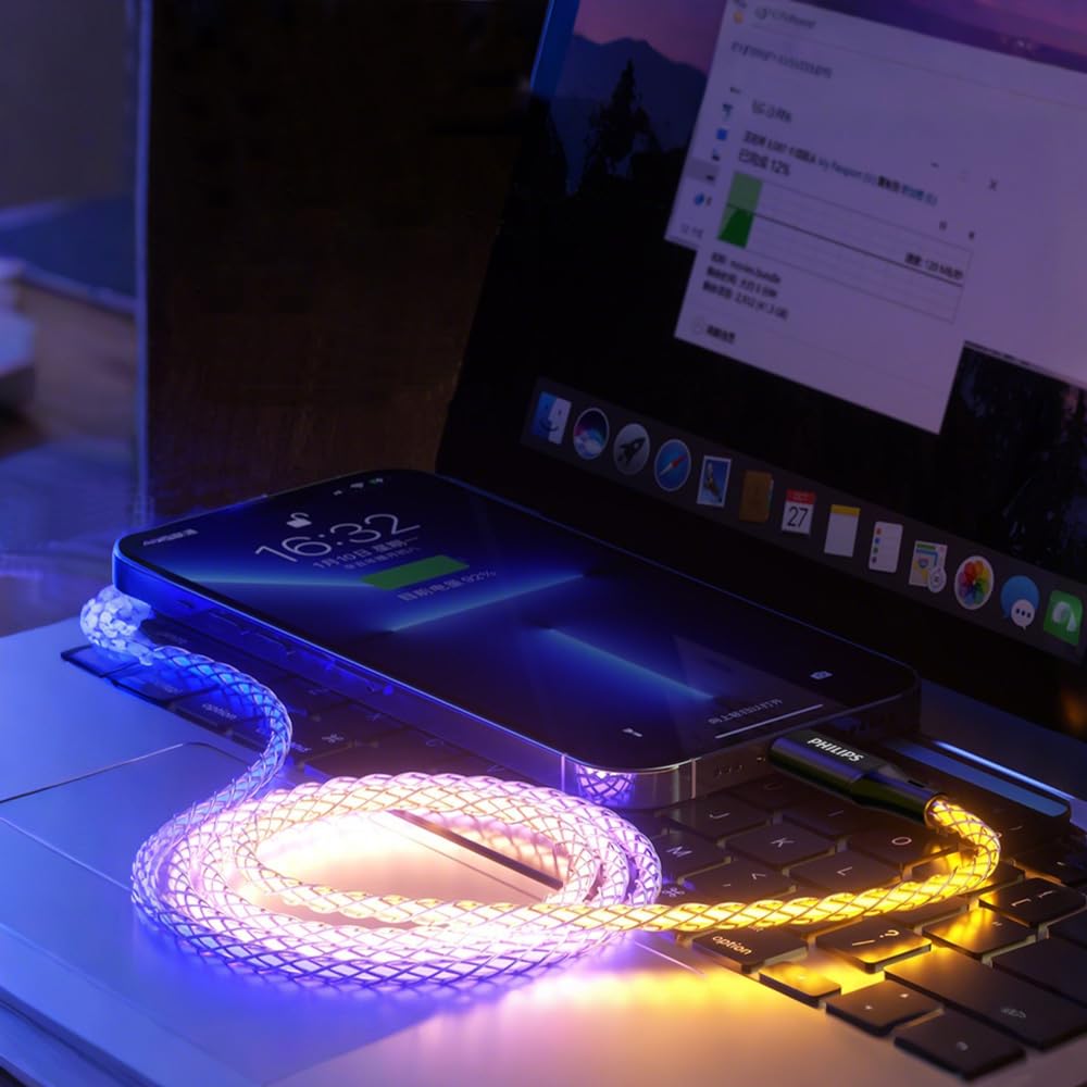 Philips Cavo di ricarica DLC5130L/01 per iPhone RGB 1M, cavo Lightning di ricarica rapida 27W, sincronizzazione 480Mbps, cavo intrecciato senza groviglio per iPhone, iPad, compatibile MFi