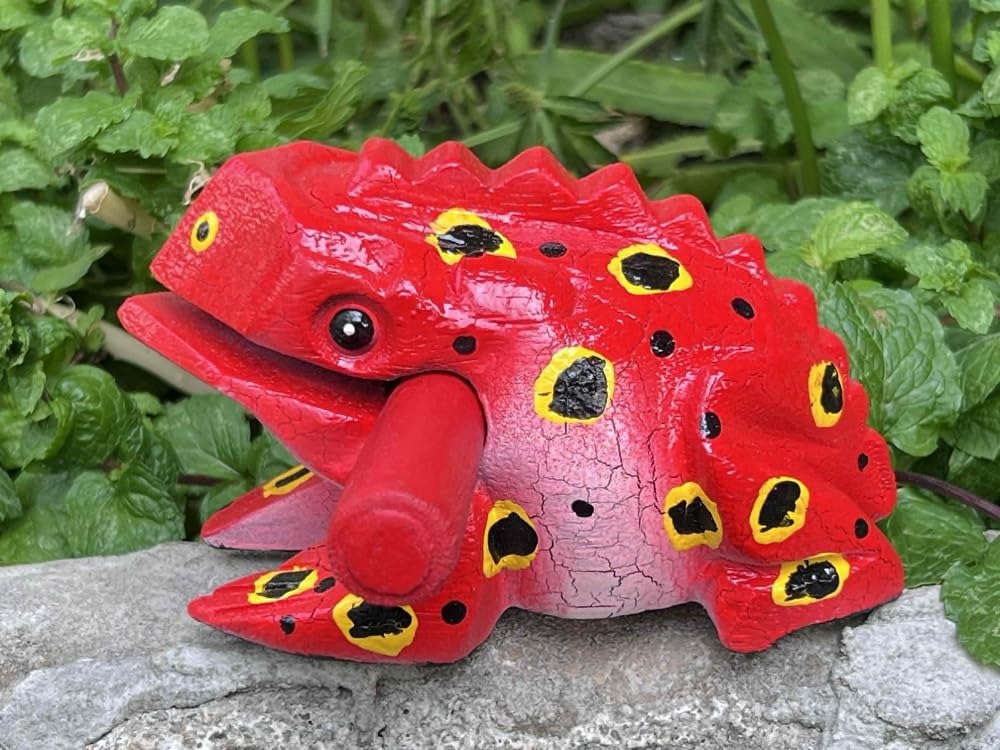 Dunkelbraunes Holz-Frosch-Guiro-Instrument – handgefertigtes thailändisches Schlaginstrument, Schaber für Musikerziehung und Heimdekoration (große Größe 15,2 cm, Rot)