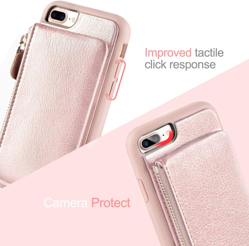 iPhone 8 Plus Zipper Wallet Case, iPhone 7 Plus Leather Case with Kickstand, LAMEEKU Protective Apple 7 Plus Credit Card Holder Slot Cases, Leather Cover for Apple iPhone 7 Plus/8 Plus 5.5"- Rose Gold