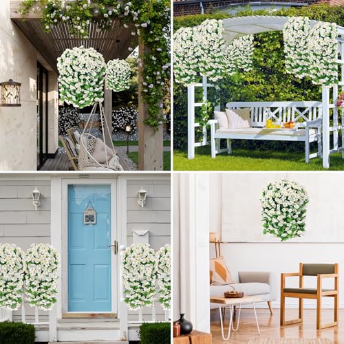 Image of Bassion 2 Pack Artificial Hanging Petunias Flowers for Outdoors, White | UV resistant, silk fake flowers, hanging morning glory trailing vines, porch garden spring summer planter decoration