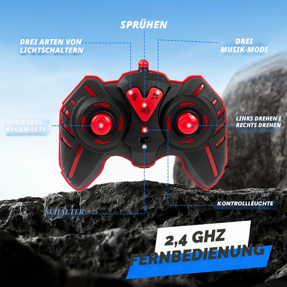 Ferngesteuertes Auto Dinosaurier 1:16 Maßstab RC Monster Truck Fernbedienung Auto mit Sprühnebel-Musik-LED-Leuchten, 2,4 GHz 20 km/h RC Auto Spielzeug für Kinder ab 3 4 5 6 8 10 Jahre