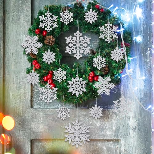 Image of 49pcs Christmas Party Decorations Snowflake Ornaments - Silver Glitter Snowflakes DIY Hanging Ornaments for Winter Christmas Tree Wall Ceiling Window Decor