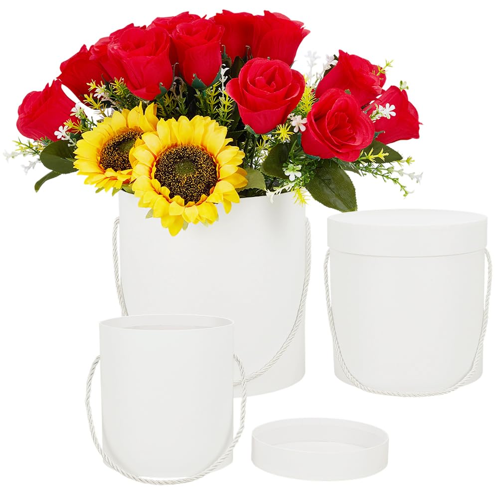 BENECREAT 3 pz Scatole Regalo Rotonde Bianche, Scatole per Cappelli con Coperchi per Composizioni Floreali e Bouquet di Fiori, Damigella D'Onore, Proposta, Matrimonio, Compleanno, Partito