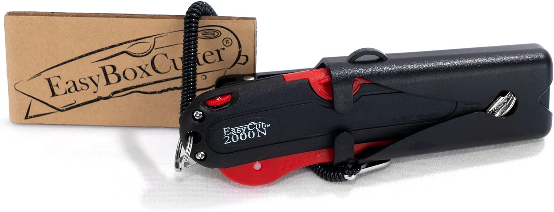 Modern Box Cutter, Extra Tape Cutter at Back, Dual Side Edge Guide, 3 Blade Depth Setting, 2 Blades and Holster - 2000 Red STD
