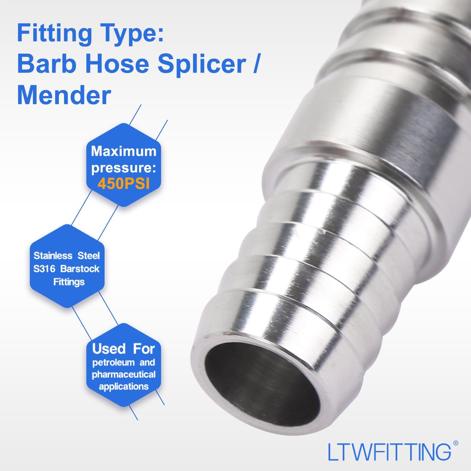 LTWFITTING Bar Production Stainless Steel 316 Barb Splicer Mender 5/8" Hose ID x 1/2" Hose ID Fitting Air Water Fuel Boat (Pack of 25)