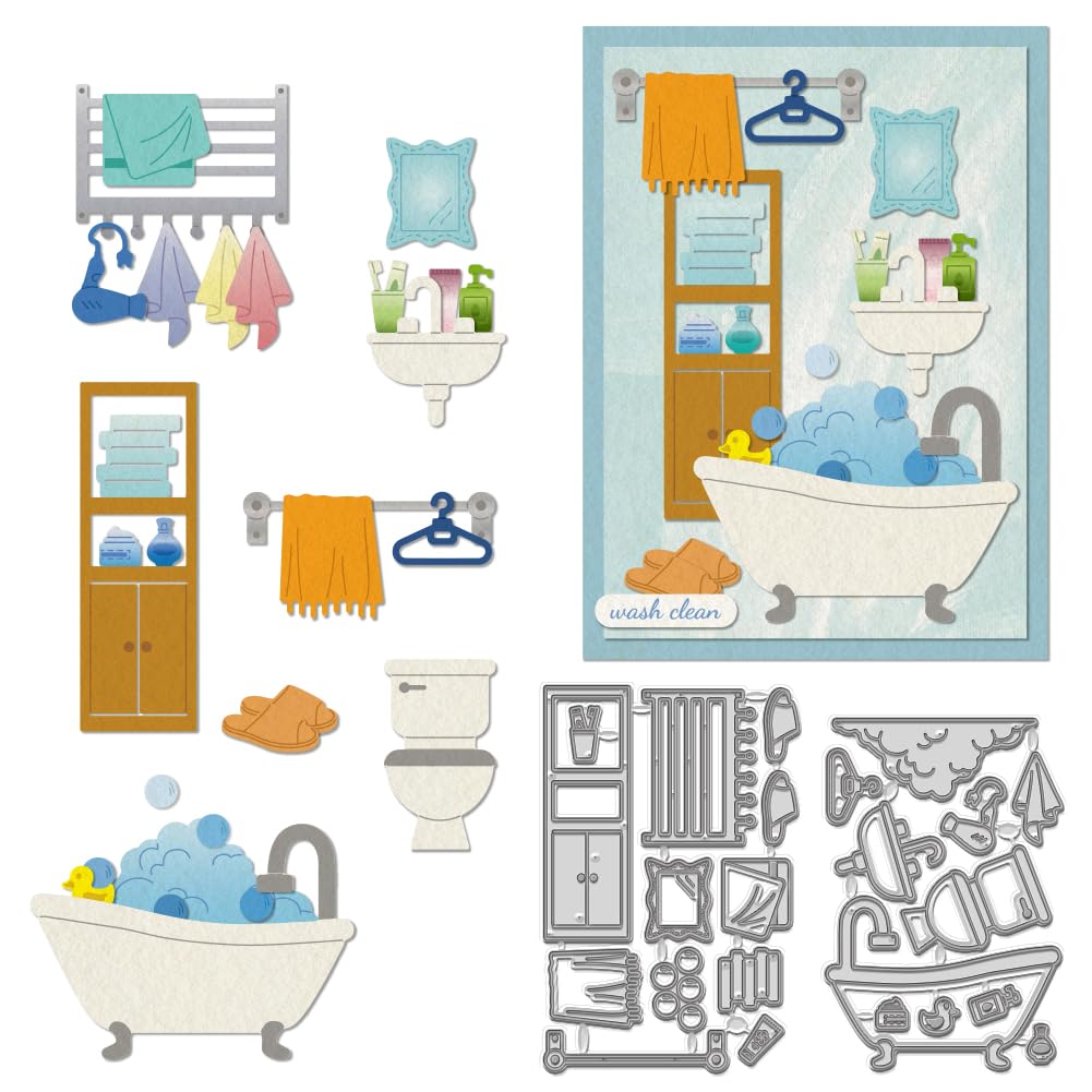 WADORN 2PCS Bathtub Theme Carbon Steel Cut Stencils, Metal Bathroom Shower Embossing Stencil Die Cuts for DIY Scrapbooking Decorations Cutting Embossing Stencil Tool for Album DIY Cards Decoration