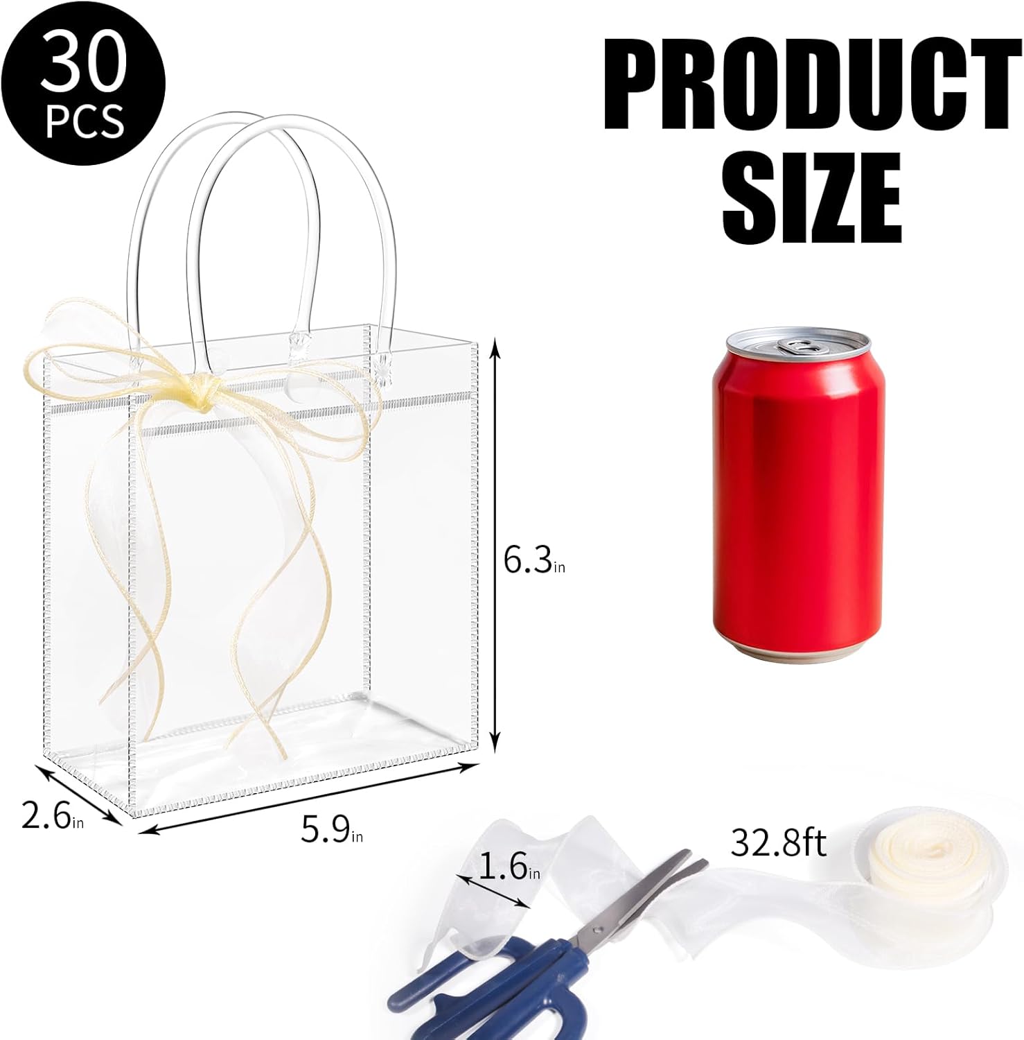 WDSHCR 30 PCS Clear Plastic Gift Bags with Handles, Party Favor Bags with Ribbons, Reusable Goodie Tote Bags for Wedding, Baby Shower, Birthday (Clear 5.9 x 6.3 x 2.8, 30 Pack) - Image 2