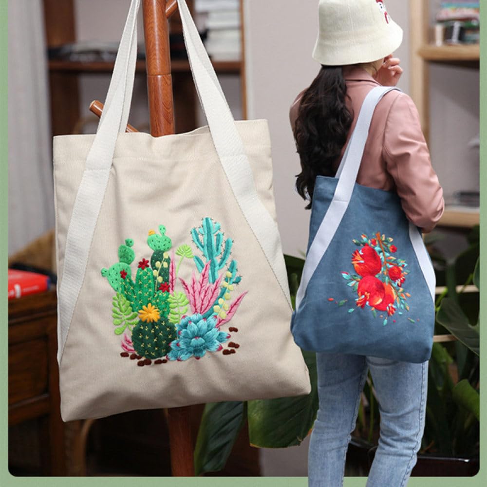 Canvas Tote Bag Kit De Bordado,Kits De Bolsas Grandes De Punto De Cruz Para Adultos, Con Patrón De Plantas Novedoso, Kit De Inicio De Bordado De Regalo Creativo Con Instrucciones, Incluye Aro De Bor
