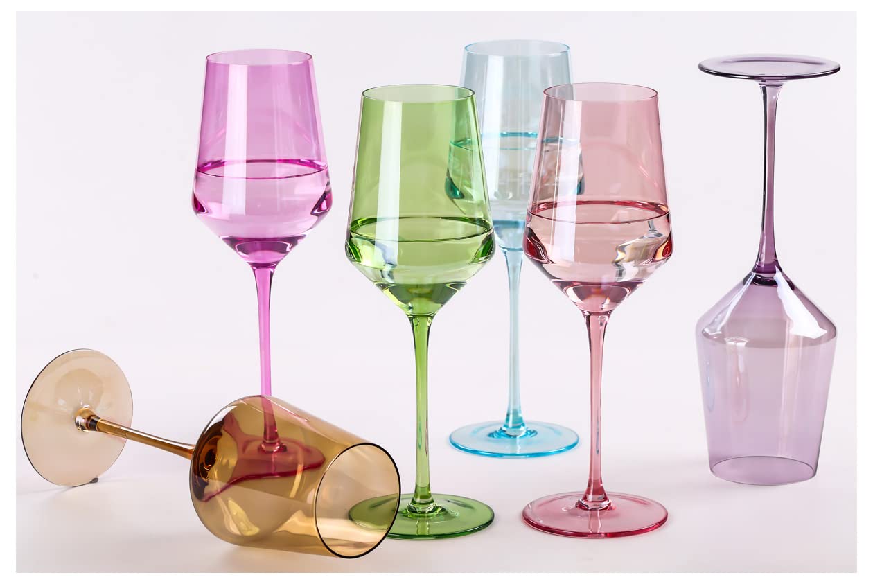 PhyskoaColored Wine Glasses Set 6, 15oz Stemmed Multi-Color Wine Glass-Perfect Colored Steamware for Home Party Decoration