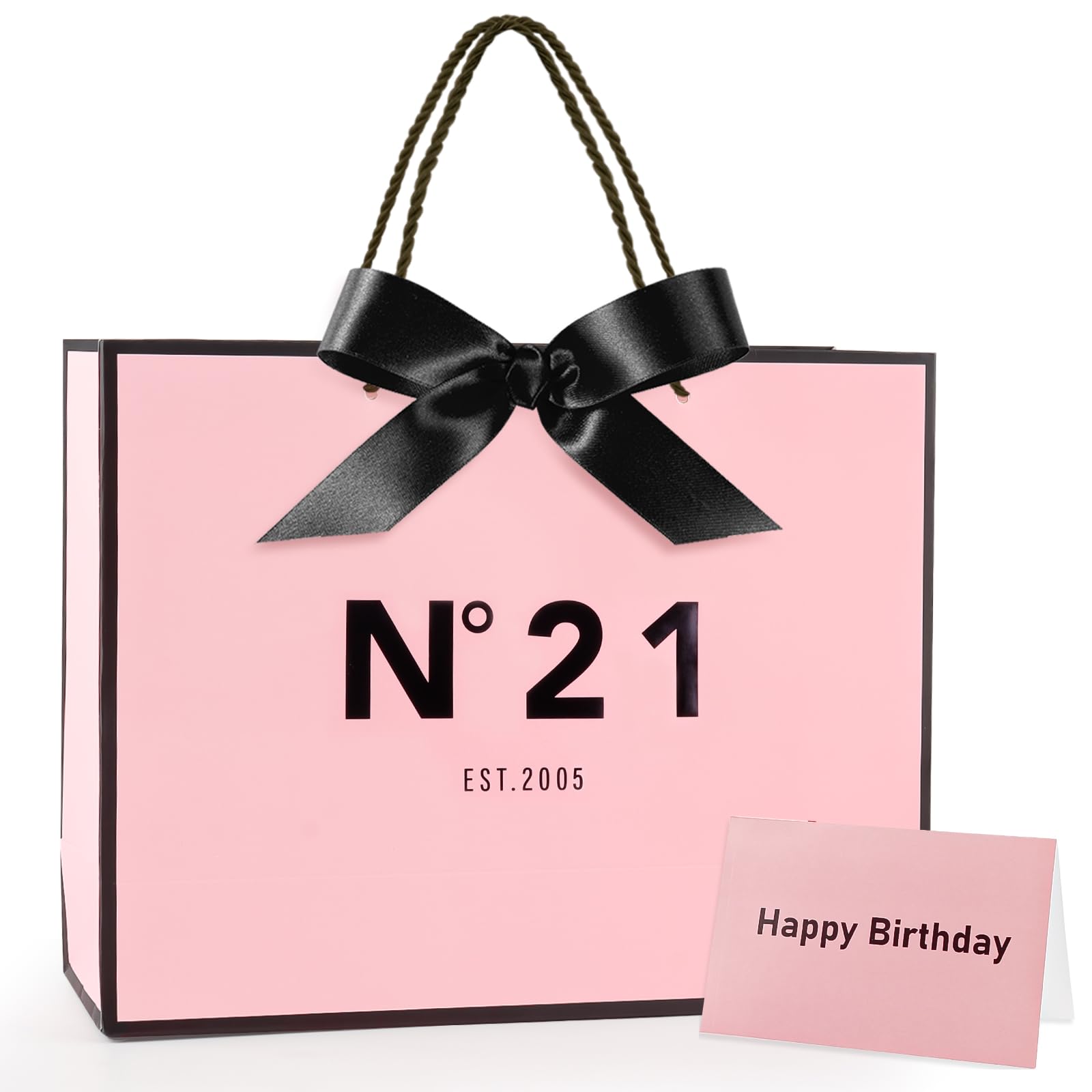 Yiran Girls Pink Black EST.2005 21st Birthday Gift Bag 13" with Greeting Handles and Ribbon for Celebrating Girls 21st Born Birthday Anniversary Present Paper Bags for Gifts Wrapping Decorations — image 1