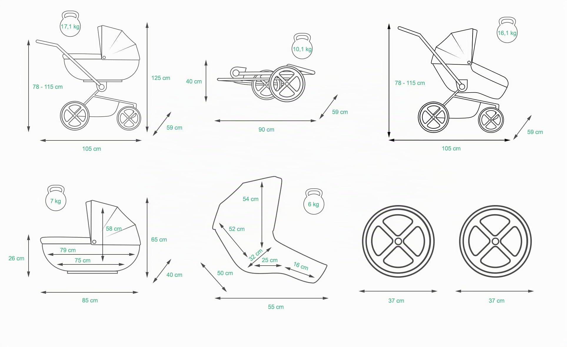 BabyLux Kinderwagen 3in1 mit Autositz für Kleinkinder – Kinderwagen für Neugeborene und Kleinkinder –– Baby Neugeborenen Kinderwagen – 59x105x125cm – Max 15kg – Green Daisy Silver Frame