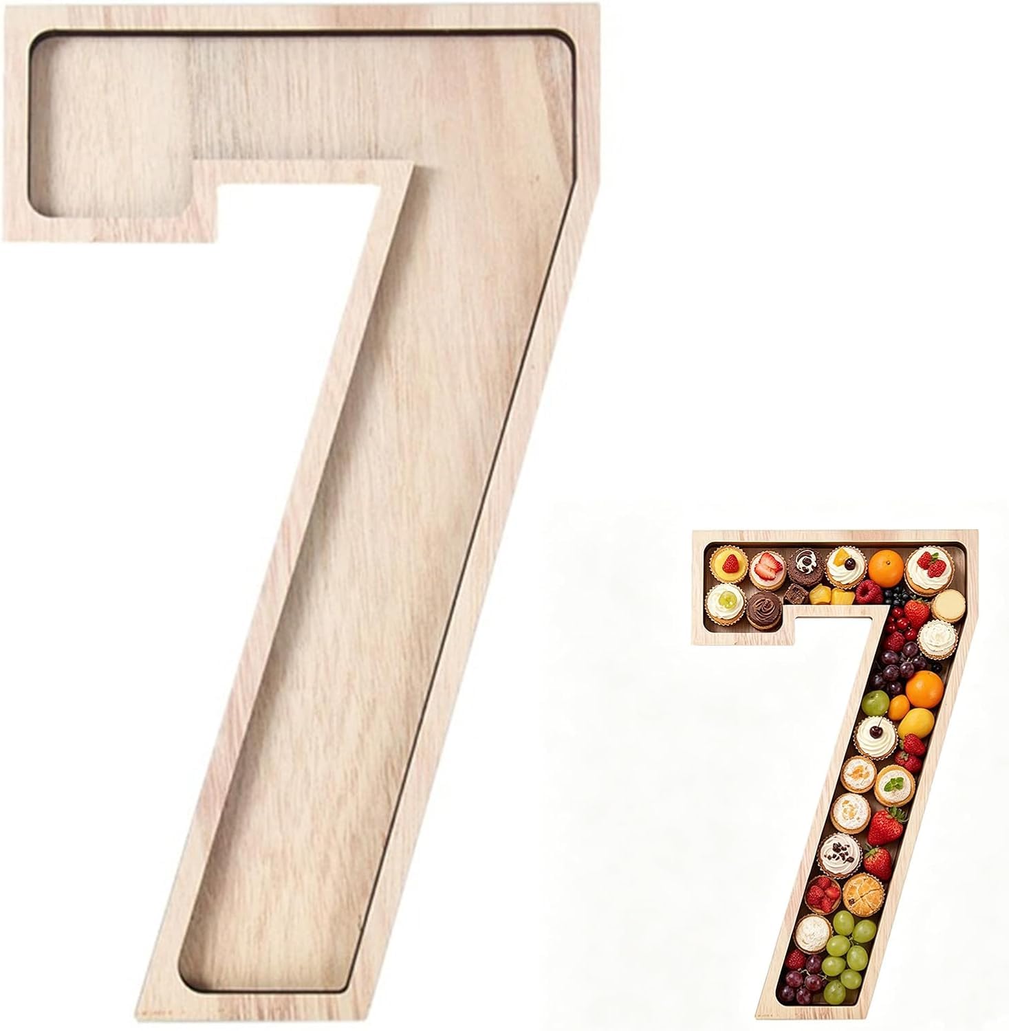 Pxvelcn Wooden Number Charcuterie Tray, Reusable Wood Serving Platter, Number Shape Tray for Anniversary Birthday Decoration (7)