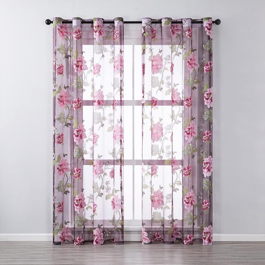 HooHero Elegance High Grade Big Peony Pattern Printed Sheer Curtains Voile Curtain 100 Width Drape Panel Kids Nursery Room Decor
