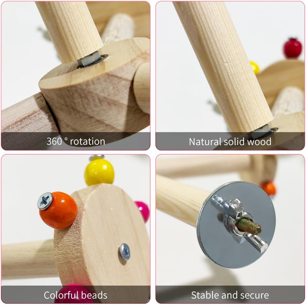 La La Pet Spinning Parrot Perch Stand Rotating Wood Windmill Hanging Perch Roller with Colorful Beads Funny Birdcage Toys for Conures Parrots Parakeets image 4