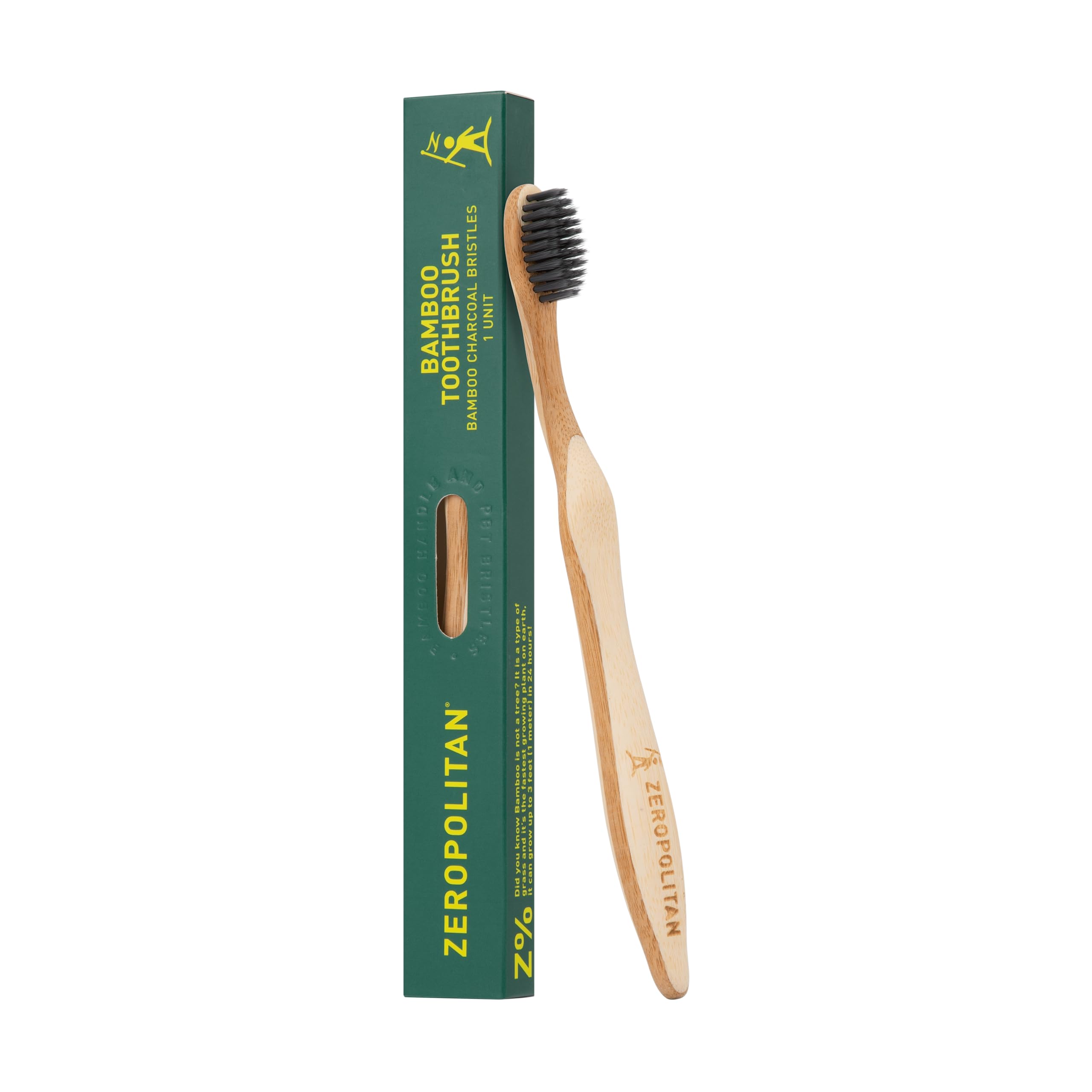 Zeropolitan - Bamboo Toothbrushes with Soft Charcoal Bristles 1 Unit - Ergonomic Handle Wooden Toothbrushes - Eco Friendly, Low Waste and Biodegradable Toothbrushes