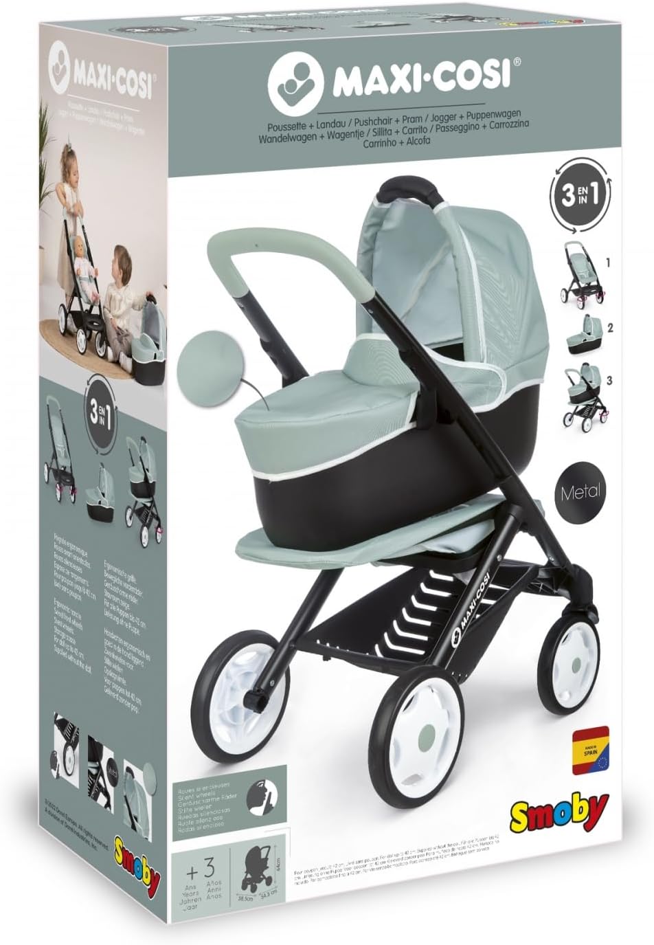 Product box for Smoby Maxi-COSI Stroller+Pram, showing assembly diagrams and features.
