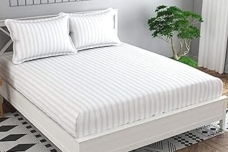 DECOR2ADMIRE 300 TC Glace Cotton All Round Elastic Fitted Plain Stripe Queen Size Bedsheet with 2 Pillow Covers 90 x 100 Inches or 60" x 78" Fits Upto 8 Inch Mattress (White)
