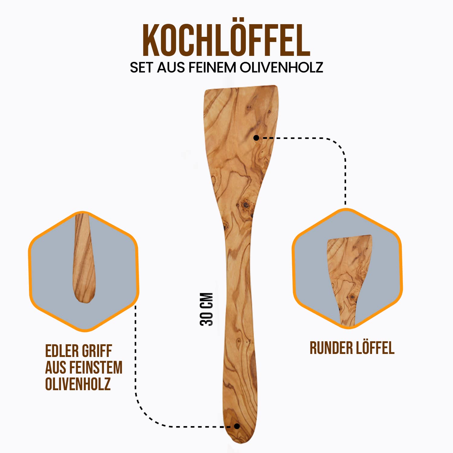 Set di 3 utensili da cucina in legno d'ulivo, cucchiaio in legno e cucchiaio, 30 cm e 20 cm, incluso