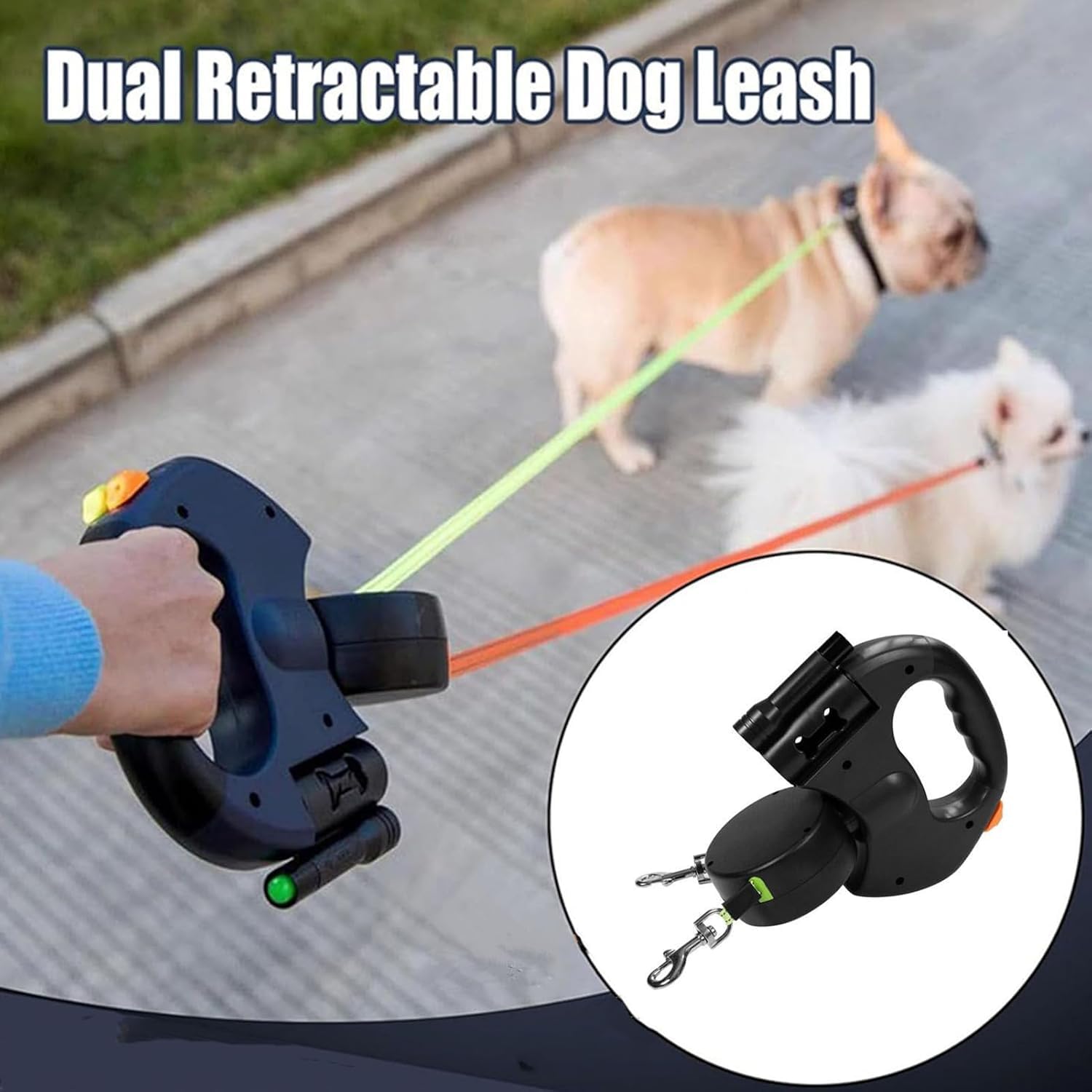 Flowleash – Flowleash Doppelleine, Doppel-Rollleine für Hunde, mit robustem 3 m langem Einzugsgurt, 360°-Drehgelenk und rutschfestem, leichtem Griff (Black)
