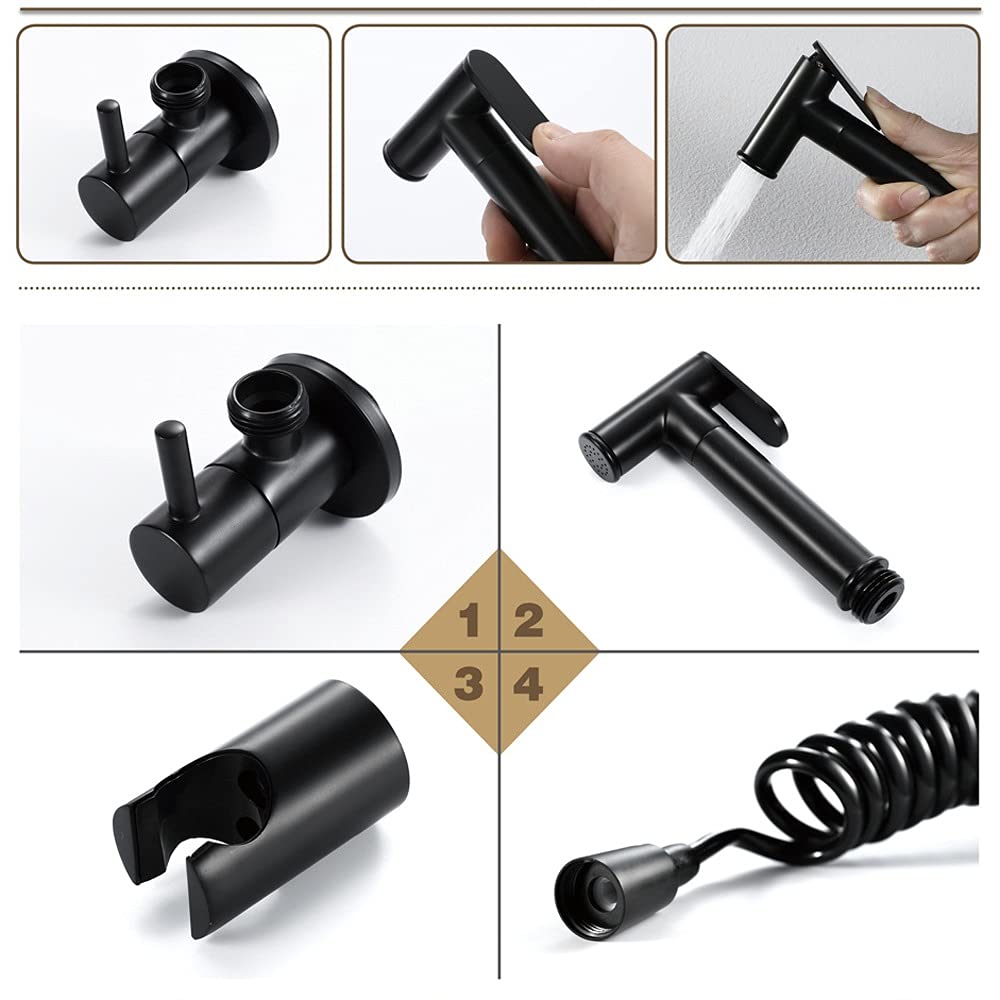 Kit de pulverizador de bidé de mano, soporte de mano de latón para inodoros con manguera extendida de 1.5 m, adaptador de válvulas y soporte de pared conjuntos de gancho de soporte de pared, negro sin