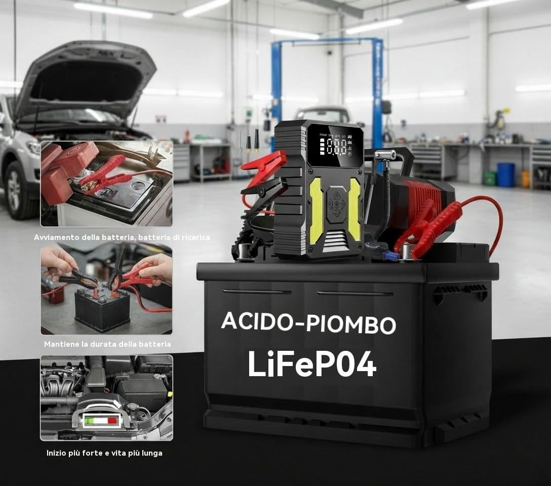 Avviatore portatile 3000A con compressore 150 PSI, 3 modalità LED, ricarica rapida, kit 4 in 1 e sicurezza avanzata, per auto, SUV, diesel fino a 8L, ideale per campeggio, viaggi ed estate