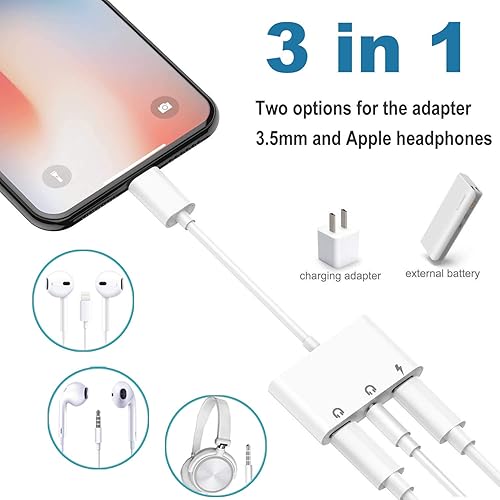 Miniatura 2 de Adaptador de auriculares 3 en 1 Lightning a conector de 0.138 in, adaptador de audio y carga, divisor de auriculares compatible con iPhone 13 12 11