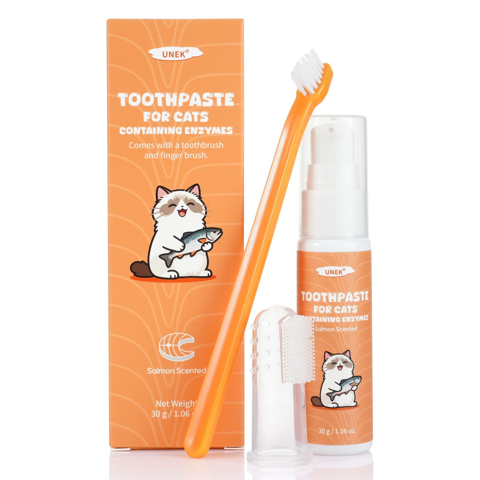 UNEK Kit de soins dentaires pour chat – Dentifrice enzymatique 30 g au goût saumon, avec brosse à dents et brosse à doigts, pour réduire la plaque dentaire et la mauvaise haleine