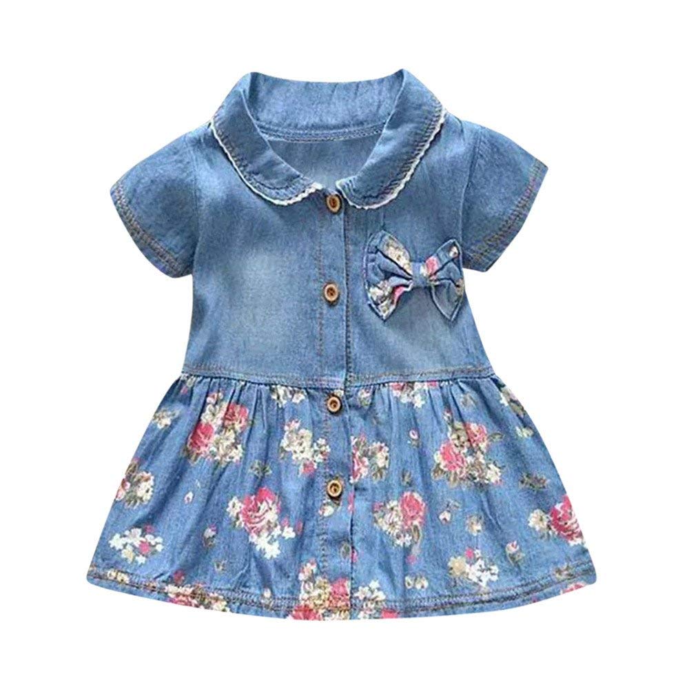 Toddler Baby Girls Little Infant Dress Floral Bowknot Short Sleeve Swing Denim Summer Dress Kids Outfit 0-24M