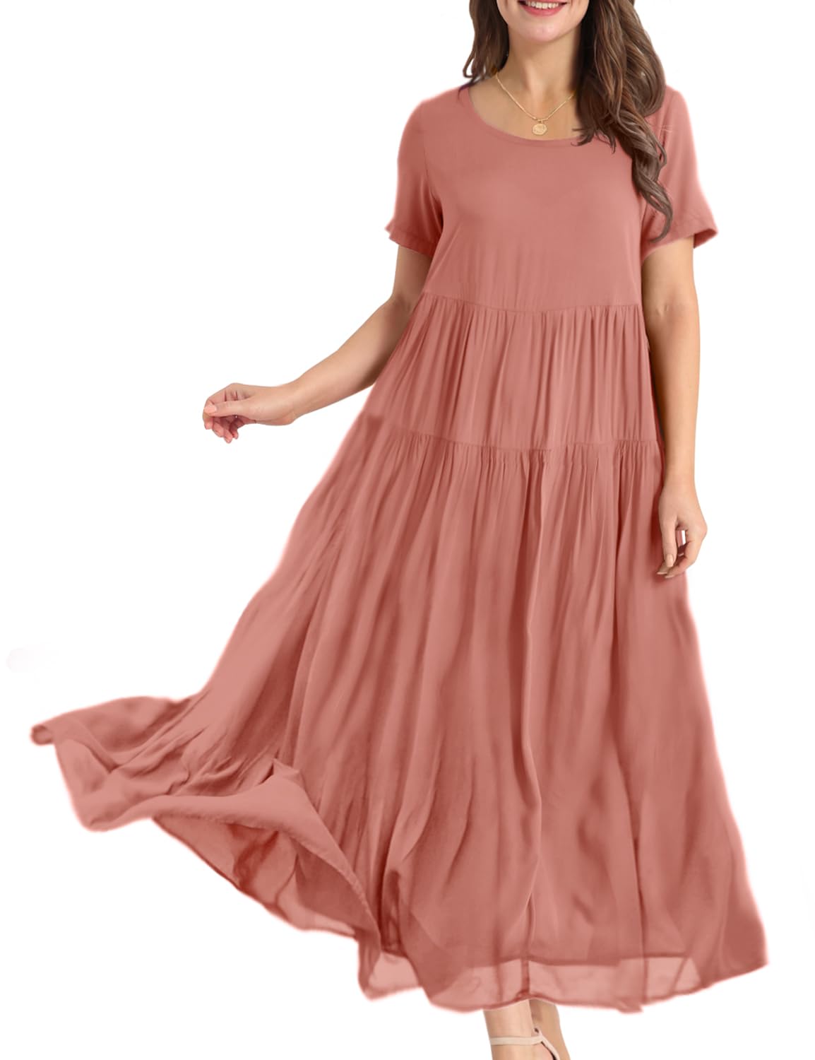 YESNO Damen Kleider Freizeit Lose Sommerkleid Lang Boho Maxikleid für Rundhals Strandkleid Blumenkleid EJFDE