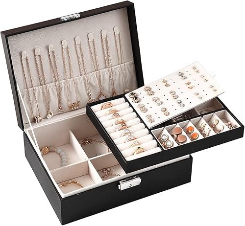 Caja organizadora de joyas ProttyLife de 2 capas para mujer organizador de joyas grande con cerradura para colgar pendientes y collar