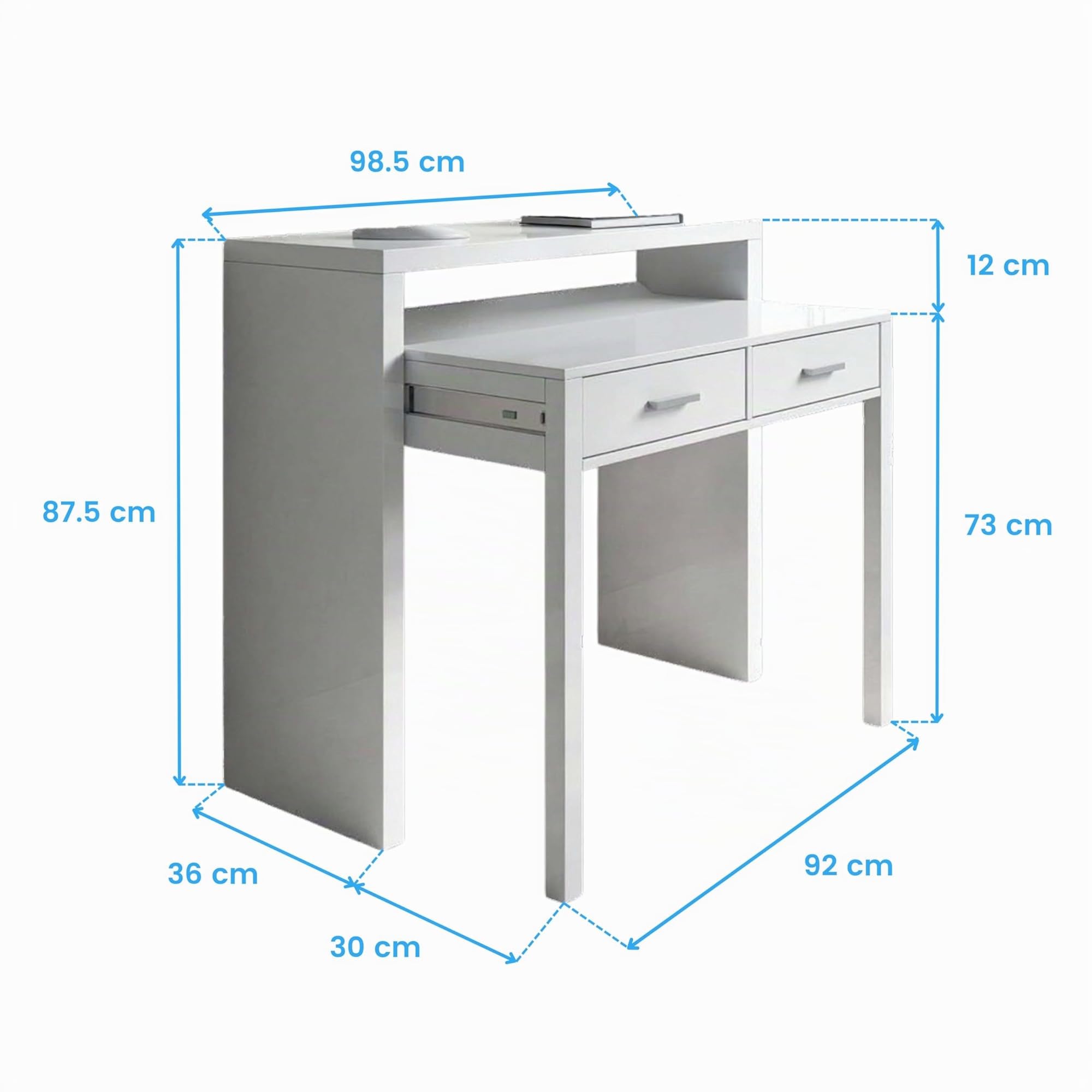 Habitdesign, ausziehbarer Schreibtisch Konsole in Artik weiß – kompakter Tisch für Büro, Flur oder Arbeitszimmer, Maße: 98,5 x 87,5 x 36–70 cm (B x H x T)