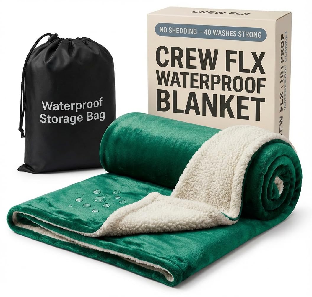 CREW FLX Waterproof Blanket for Bed Intimacy (80"x 60" Queen Size) Reversible Fleece | Sherpa, Love Blanket, Water Proof TPU Stain Proof Couch Furniture Mattress Winter Large Dog Bed Cover - Gray: Green Sherpa Fleece 80 x 60 inch