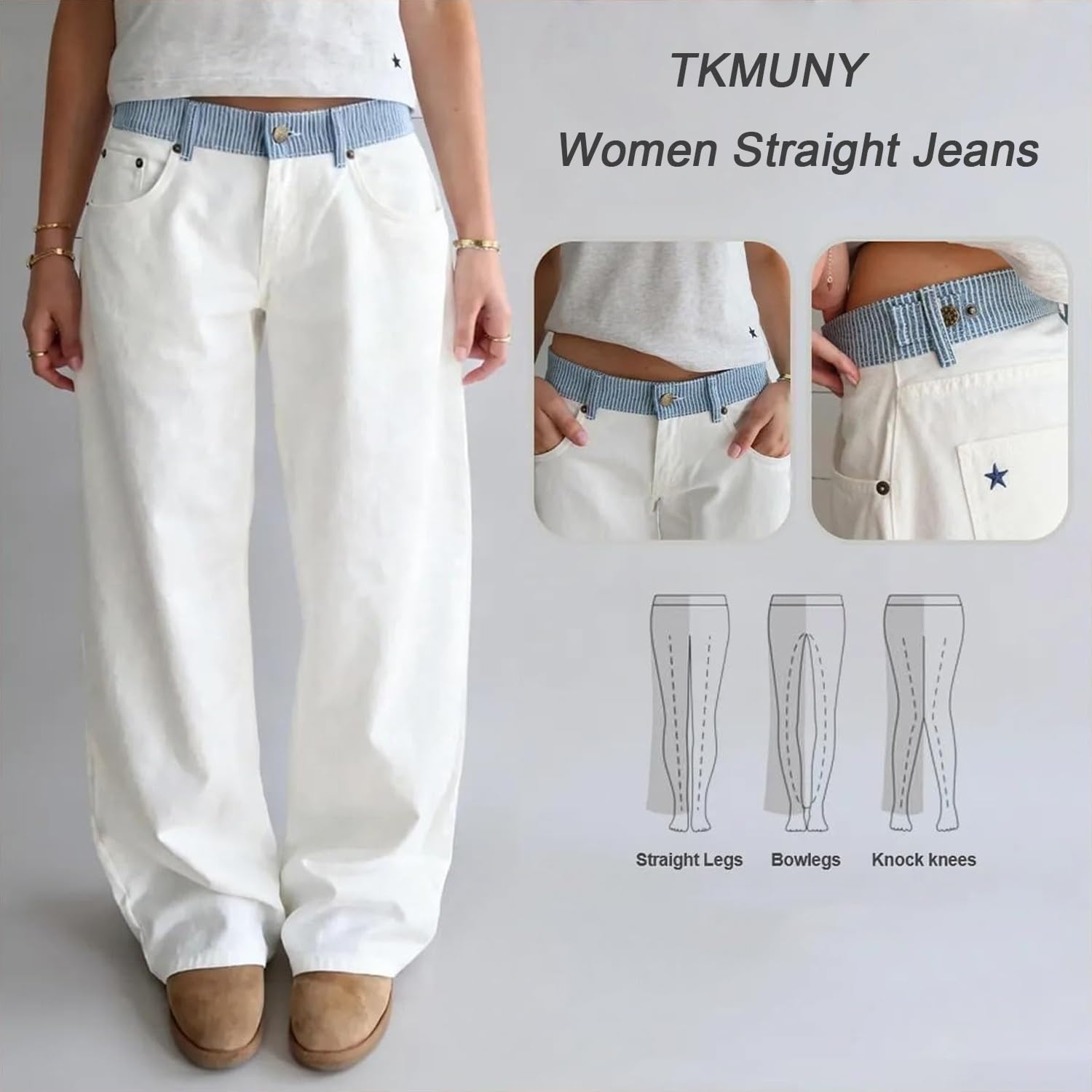 TKMUNY Women's Adjustable Waist Wide Leg Jeans Casual Mid High Waisted Baggy Straight Leg Denim Pants