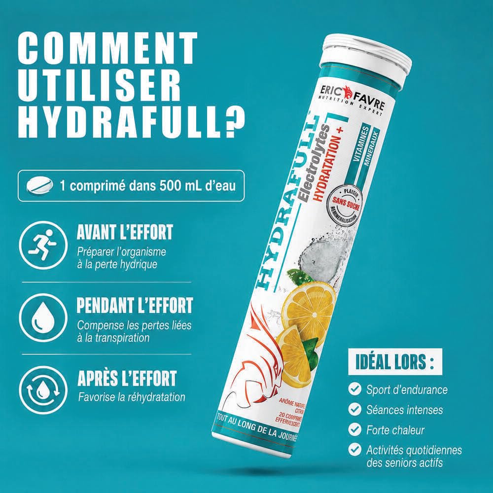 HYDRAFULL ELECTROLYTES - Hydratation et Reminéralisation Équilibrées, Sans Sucre, avec Vitamines et Minéraux Essentiels - 12 x 20 Comprimés - Saveur Citron - Eric Favre