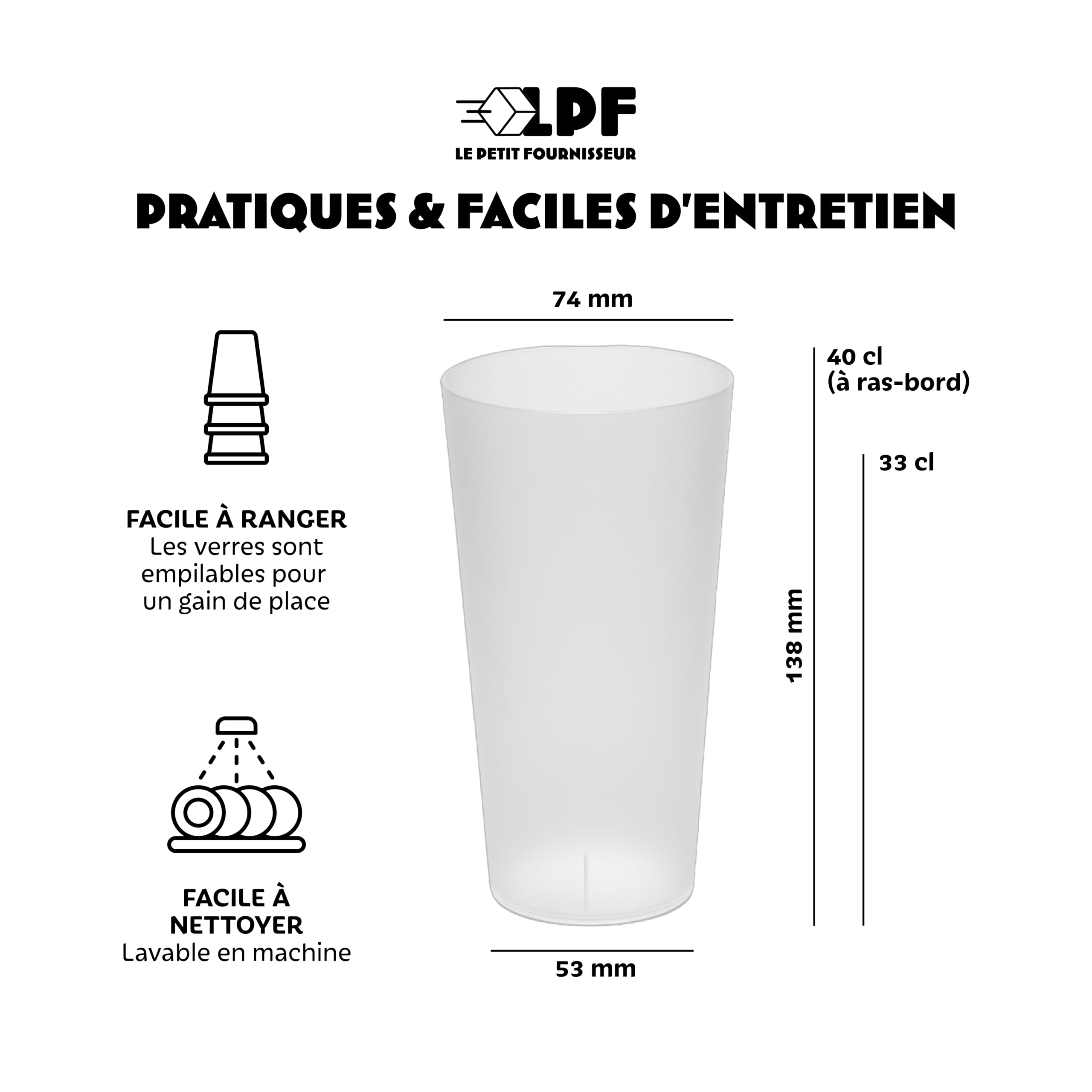 LPF LE PETIT FOURNISSEUR - Lot de 100 Gobelets réutilisables 33cl (40cl à ras-bord) - Polypropylène Incassable - Gobelets plastique alimentaire rigide à eau - Compatible lave-vaisselle - Couleur Givré