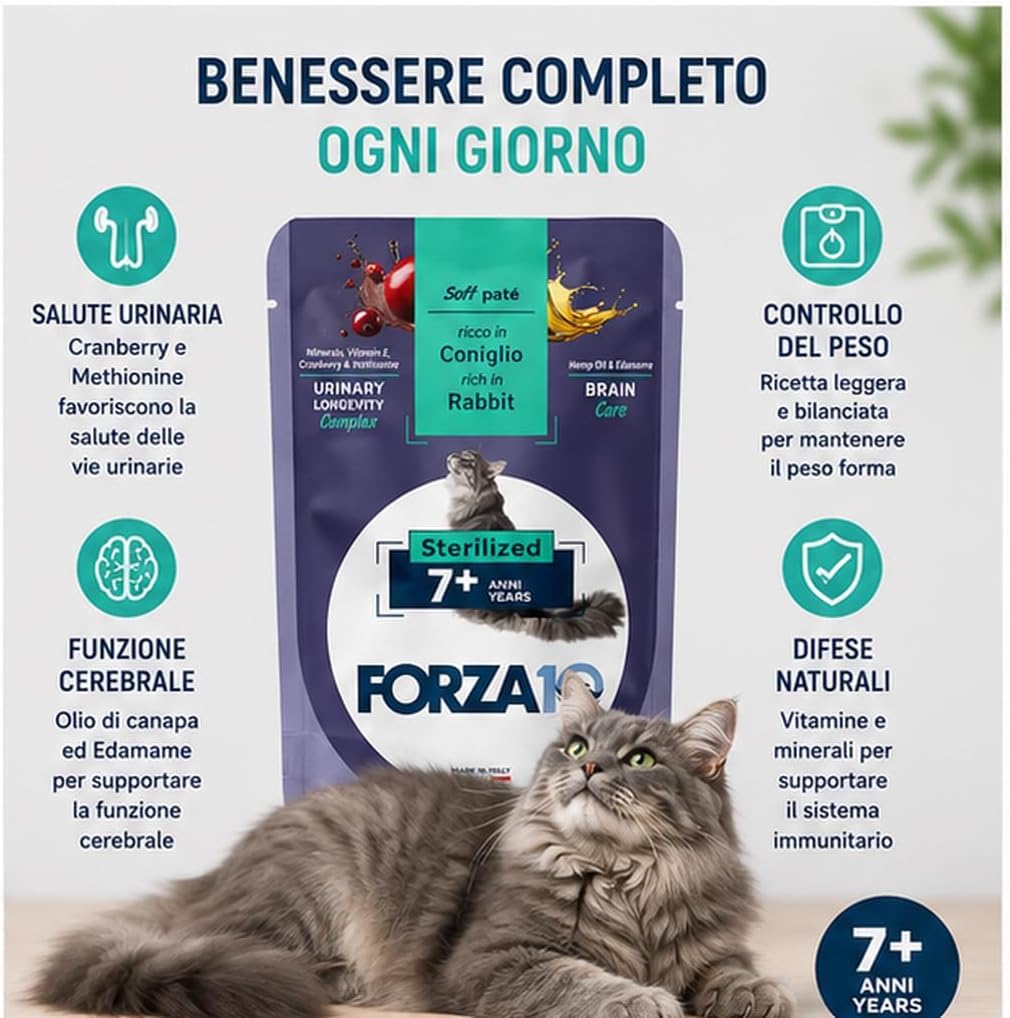 Soft Patè Gatto Coniglio 7 anni sterilized– Forza10 Cibo Umido per Gatti Anziani sterilizzati di tutte le Taglie e Razze,Monoproteico,24 Bustine x 80g, Alimento Completo.