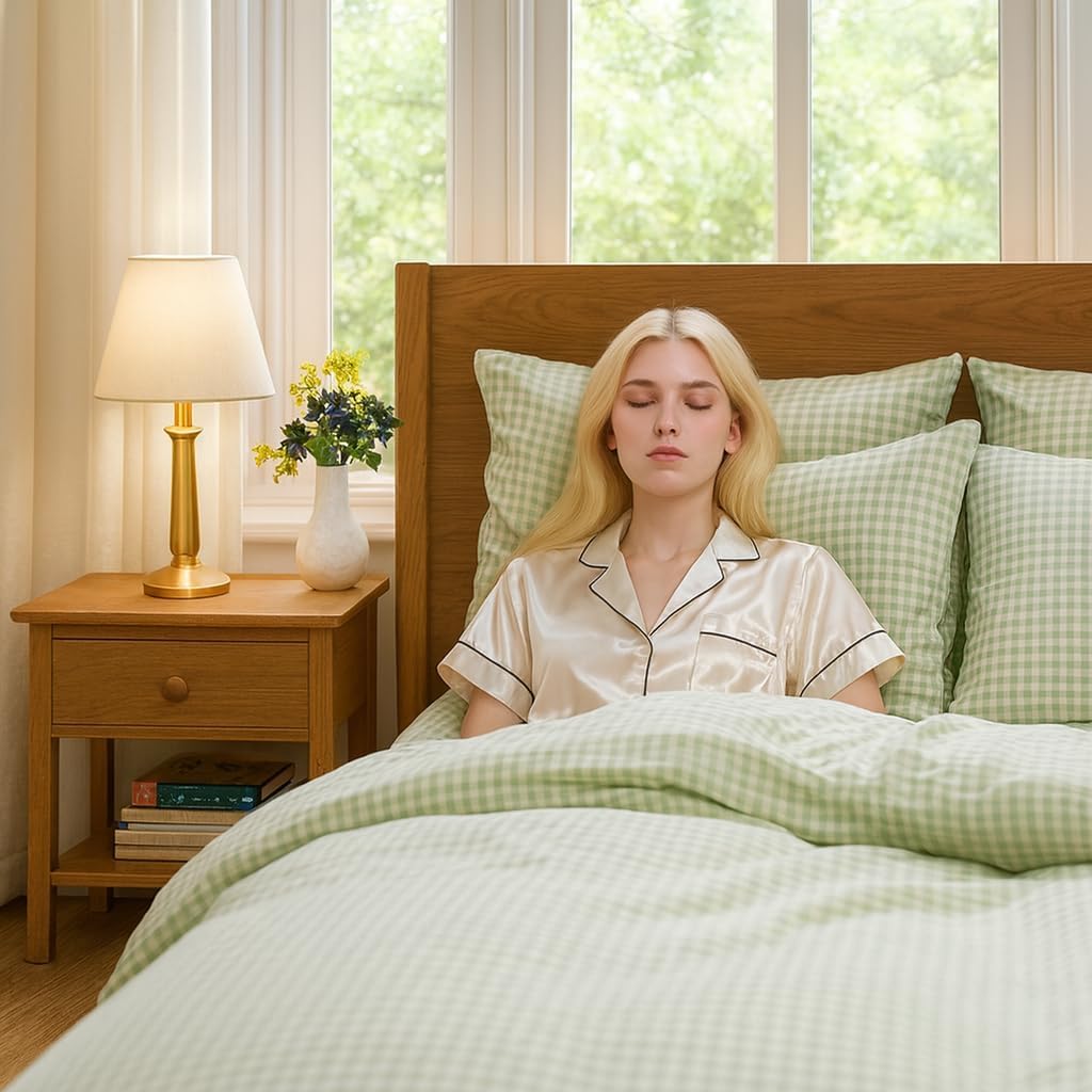 Green Checkered Duvet Cover Set Full Size Plaid Grid Comforter Cover 100% Washed Cotton Bedding Set Ultra Soft Breathable Quilt Set Lightweight Cozy Farmhouse Bedroom Modern Rustic Decor All Seasons