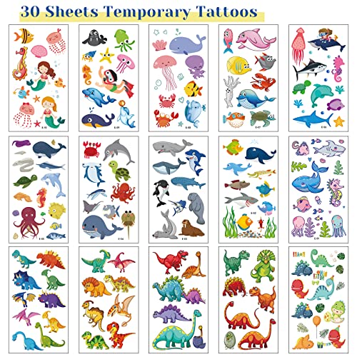 Apeso 30 Sheets Temporary Tattoos Kit For Kids, 300Pcs Fake Cute Tattoo Stickers Waterproof, Birthday Party Favor (Dinosaur ＆ Sea Animal ＆ Vehicle) #TOP1