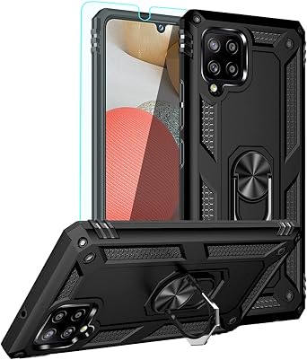 for Galaxy A42 5G Case,with HD Screen Protector,[Military Grade] Ring Car Mount Kickstand Hybrid Hard PC Soft TPU Shockproof Protective Case for Samsung Galaxy A42 5G Black