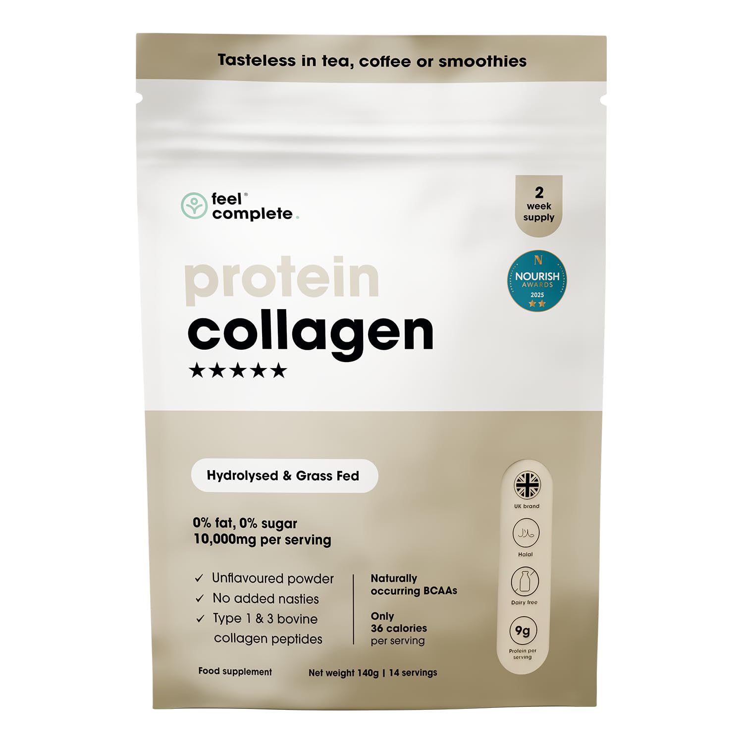 High Protein Collagen | No Sugar, No Sweeteners | Unflavoured | Grass Fed & Hydrolysed | Premium Type 1 & 3 Bovine Peptides | Halal | Skin, Hair & Nails | 140g | 14 Servings