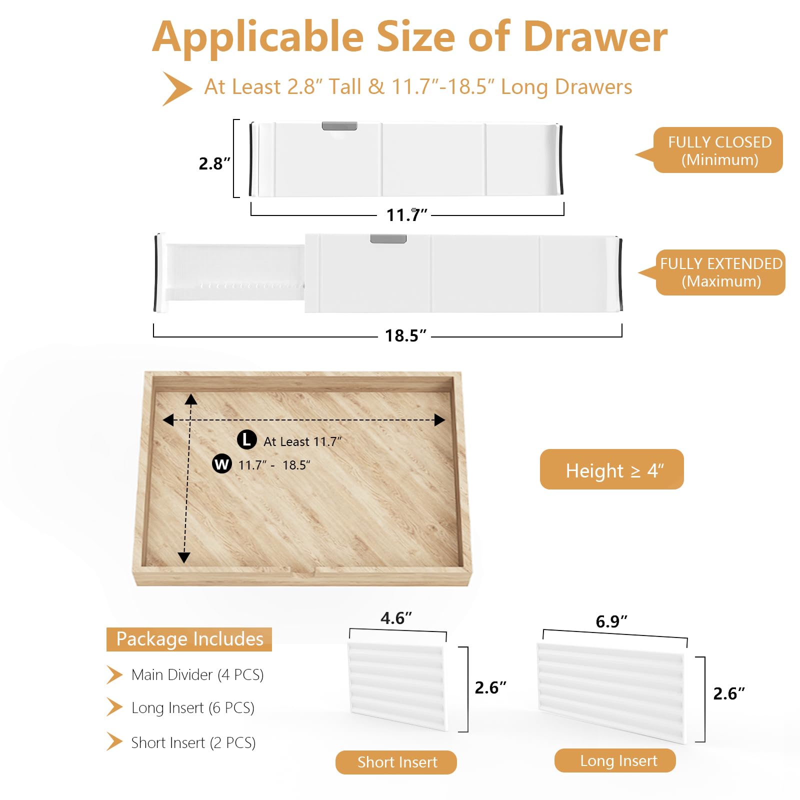 KABUM Organizador divisor de cajones ajustable, organizador de ropa, organizador expandible para el hogar, oficina, 2.8 pulgadas de alto, expandible de 11.7 a 18.5 pulgadas, 4 separadores con 6