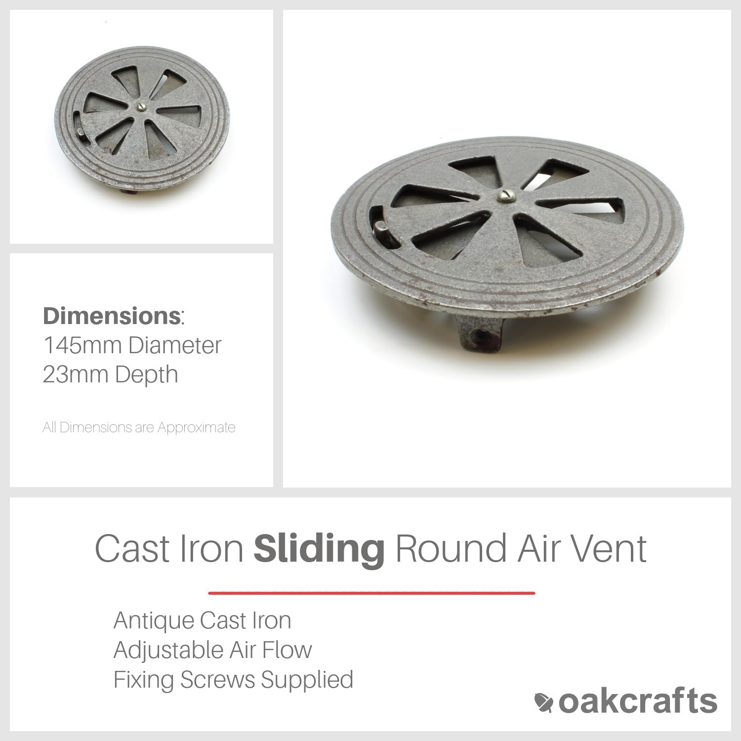 Oakcrafts - Griglia di ventilazione rotonda scorrevole regolabile in ghisa anticata - 150 mm