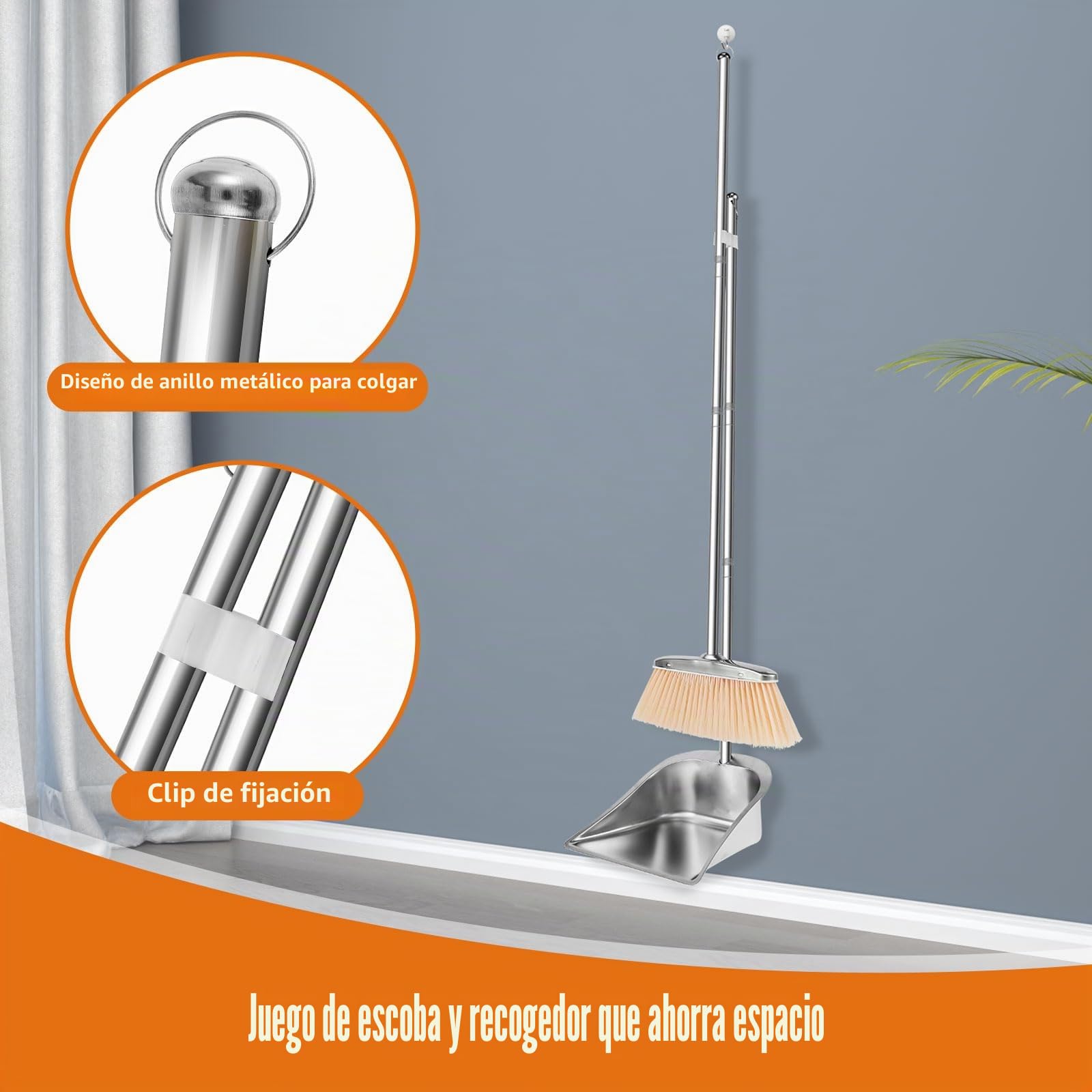 Juego de escoba y recogedor con mango largo, 118 cm, acero inoxidable, barredora y recogedor, pala vertical, limpieza hogar, oficina, porche, terraza