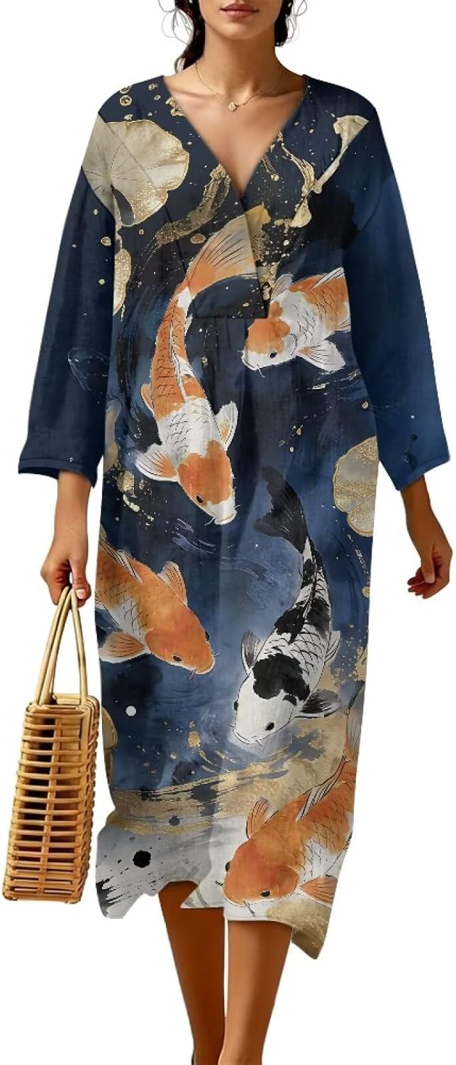 Wanyint Women's Boho Casual Dress 3/4 Sleeve Wrap V-Neck Midi Length, Flowy Loose Fit Linen-Look Polyester Tunic Dress, S-4XL