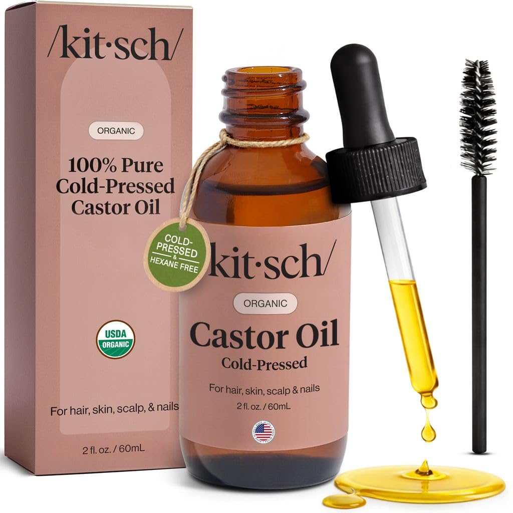 Kitsch Organic Castor Oil for Hair Growth - 100% Pure Castor Oil, Organic Cold Pressed Unrefined Glass Bottle for Face, Skin, Lashes, Brows, Scalp, Nails & Belly Button - Hexane Free, USDA - 2 oz